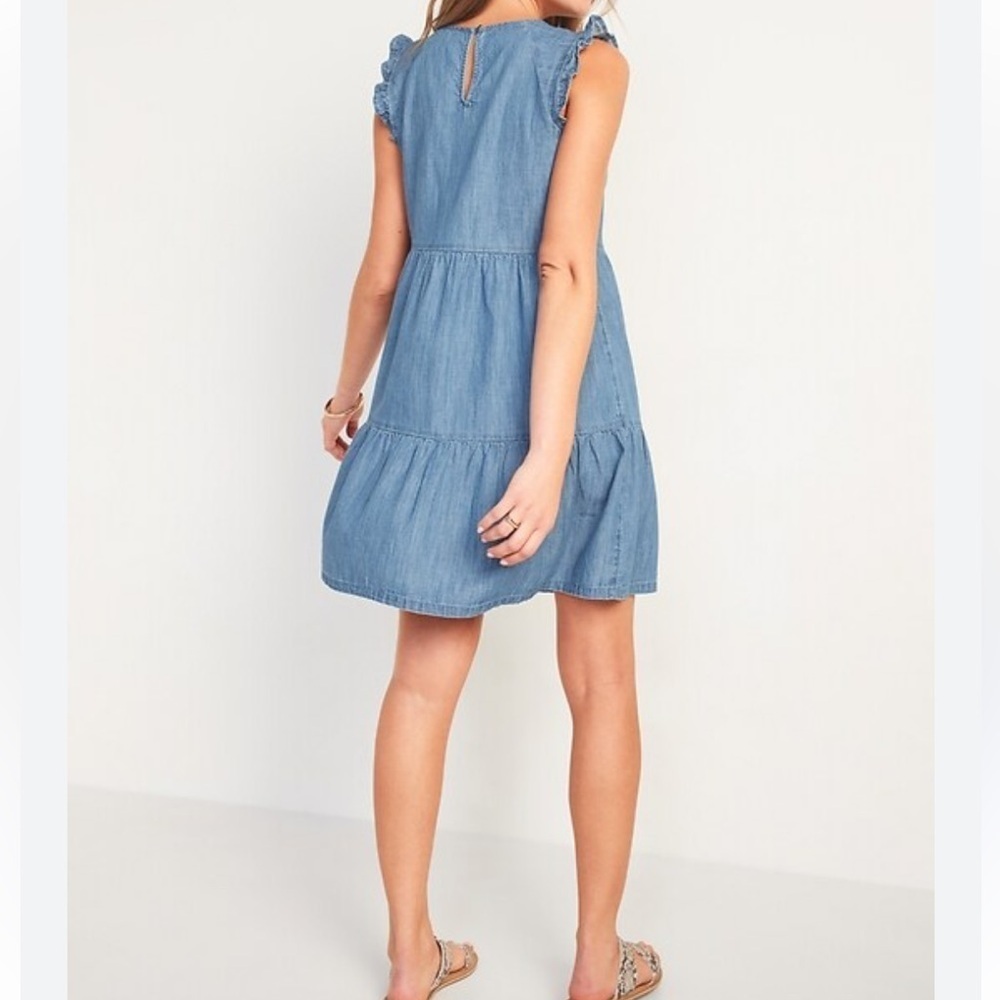 Old Navy Soft Chambray Ruffle-Flutter Sleeve Tiered A-Line Mini Dress, Large